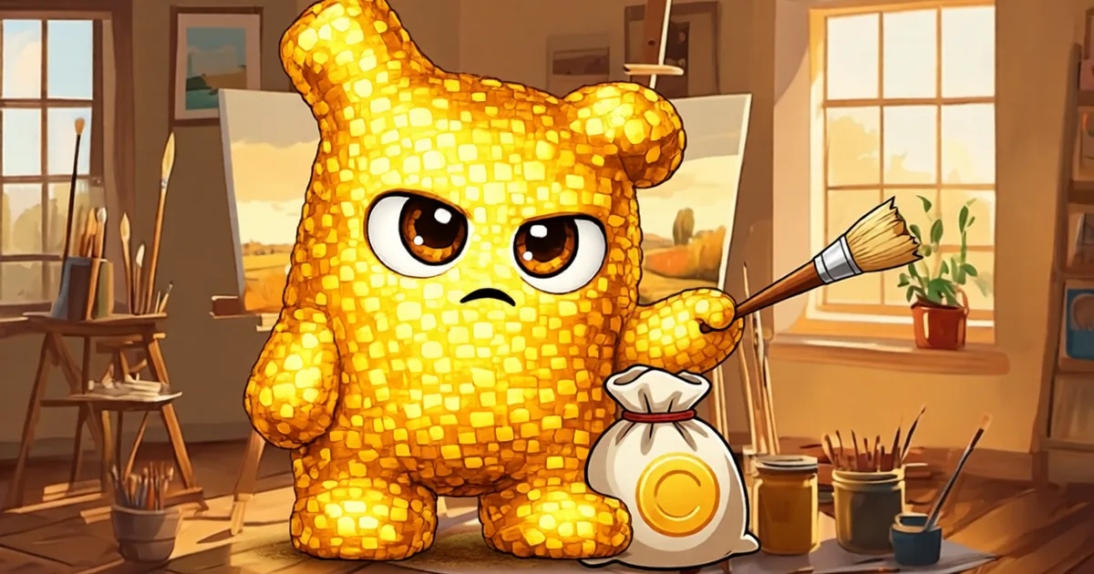 A bored-looking Hani flicking a paintbrush away over its shoulder while clutching a sack of gold coins, an abandoned easel behind it