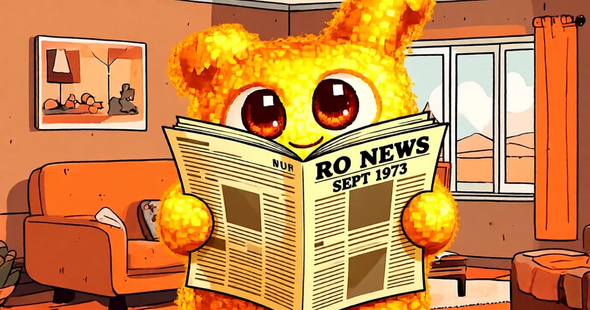 Hani sitting in a 1970s living room reading a newspaper whose masthead reads RO News, September 1973