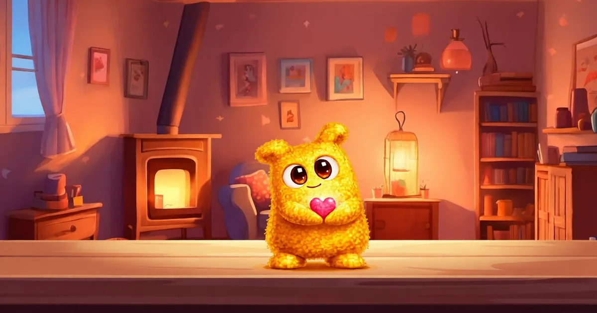 Hani holding a heart in a warmly lit living room