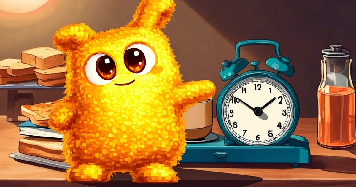 Hani gesturing toward a table holding a stack of toast, a teal alarm clock, and a glass of juice, with an interested expression