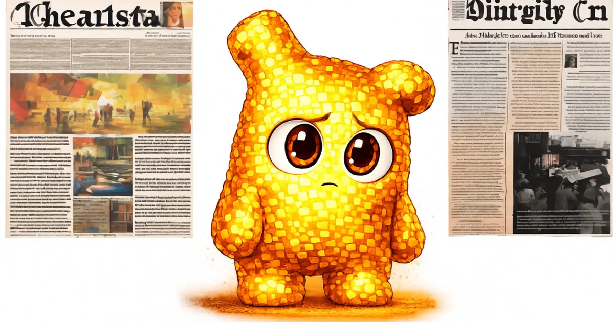 Hani standing between two large floating newspapers with garbled front-page text, looking up with a worried, concerned expression