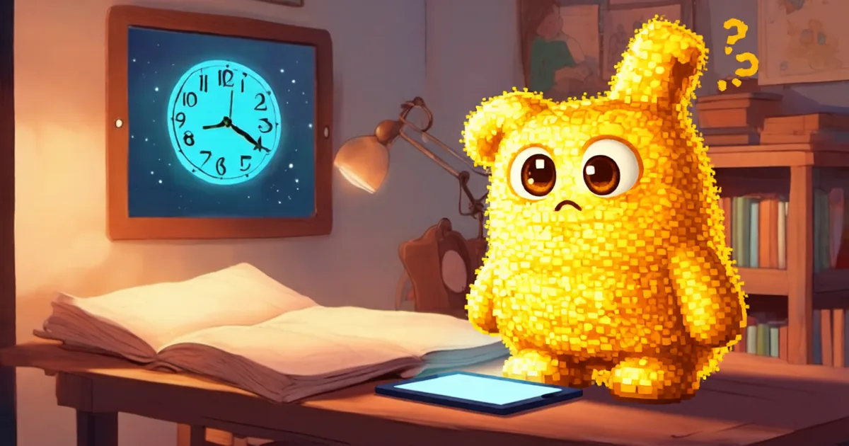 A puzzled looking Hani standing beside a glowing tablet showing a clock face on a desk, an open book nearby, a small question mark floating overhead