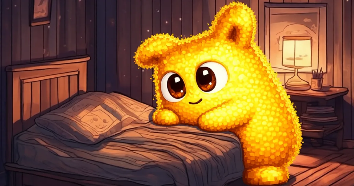 Hani leaning gently over the edge of a cozy bed at night, smiling warmly, a lamp glowing softly on the nightstand