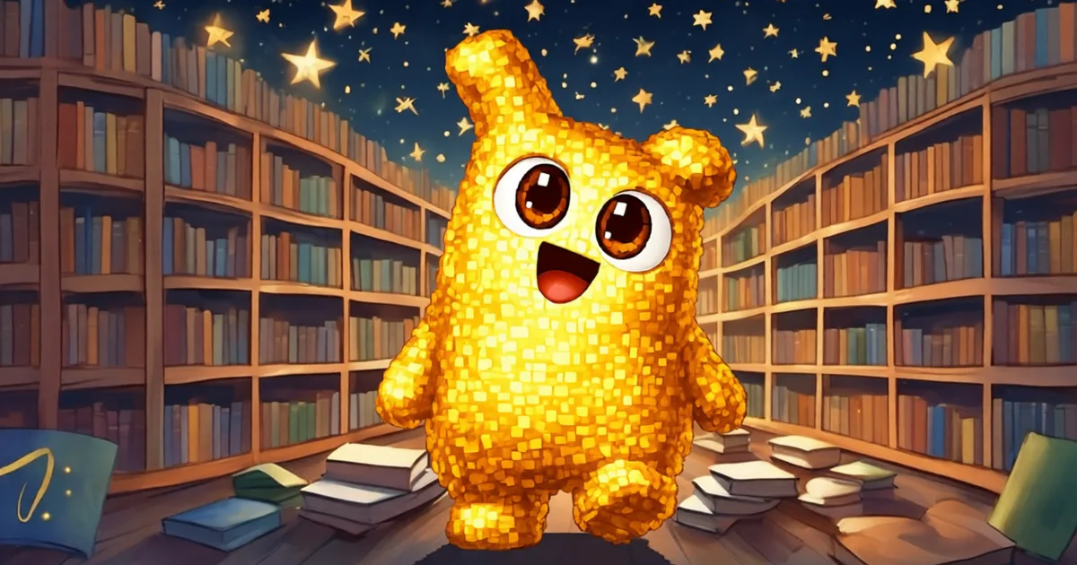 Hani walking happily through a glowing library aisle lined with bookshelves, stars overhead and books stacked on the floor
