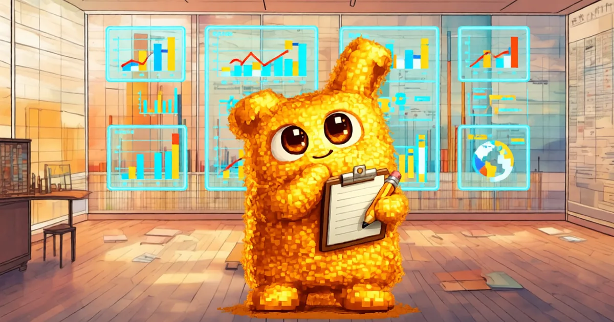 Hani holding a clipboard and pencil, surrounded by dozens of floating chart panels showing slightly different bar graphs and trend lines