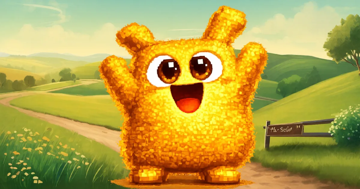 Hani cheering happily with both arms raised on a sunny outdoor trail winding through green hills