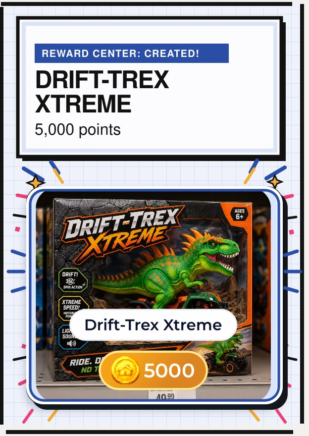 RiseOhana Reward Center showing the Drift-Trex Xtreme reward created for 5,000 points