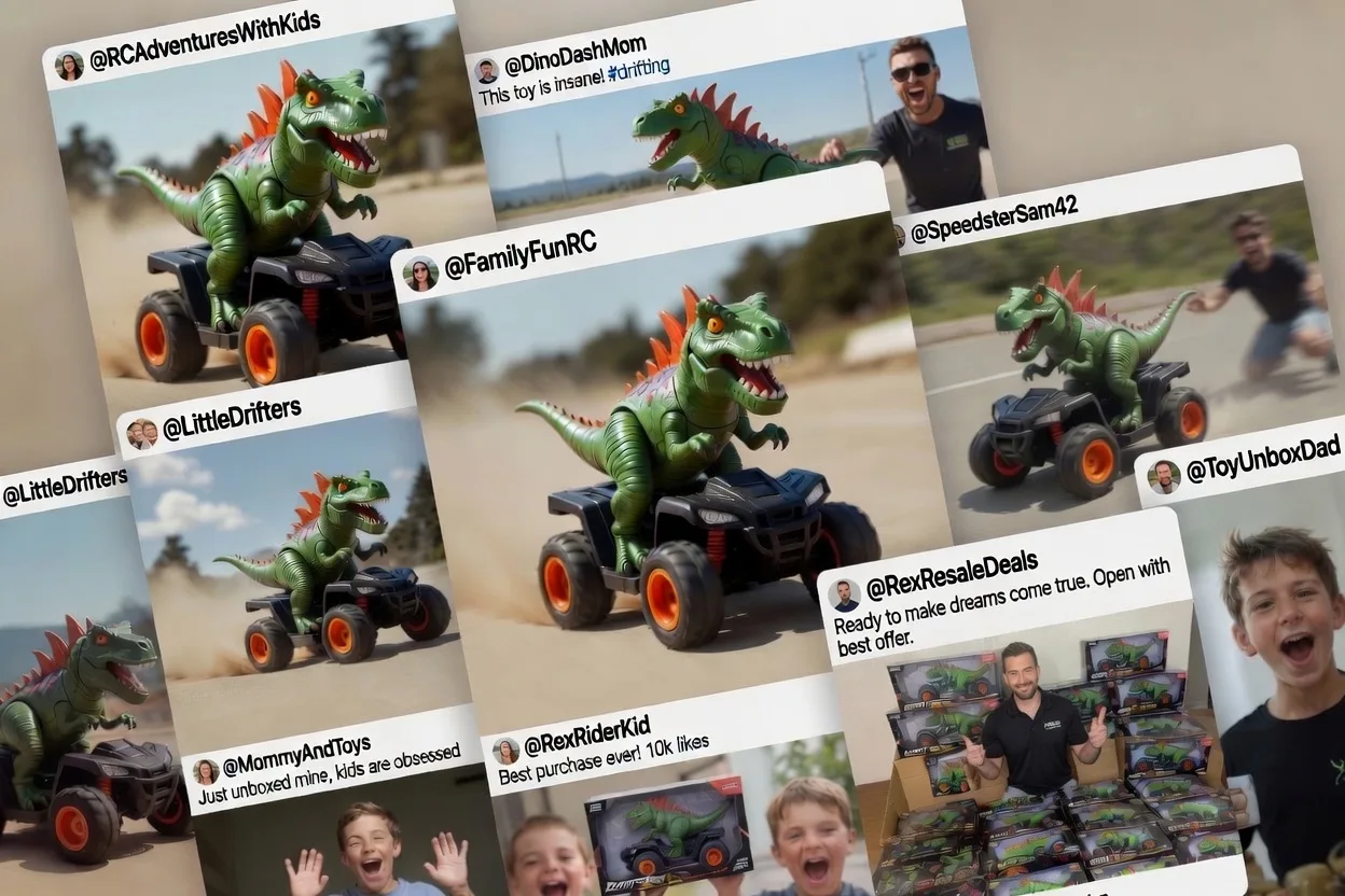 Social chatter showing the viral Drift-Trex Xtreme toy Eli wants