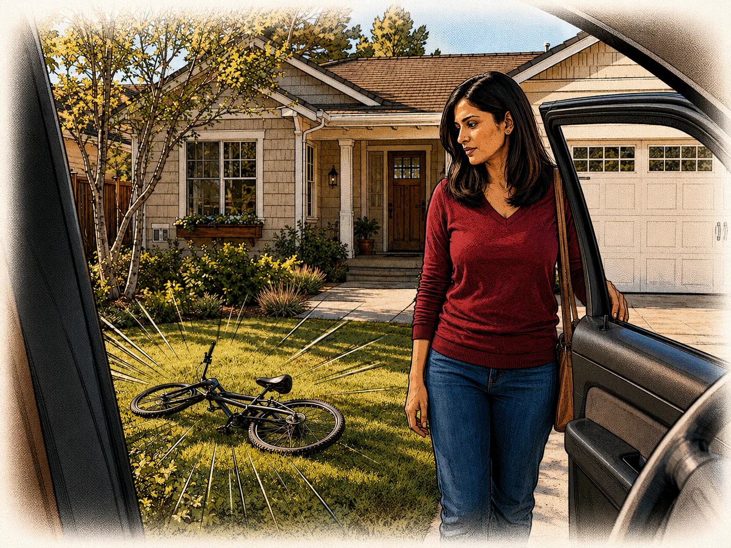 Lena notices Eli's bicycle left on the lawn