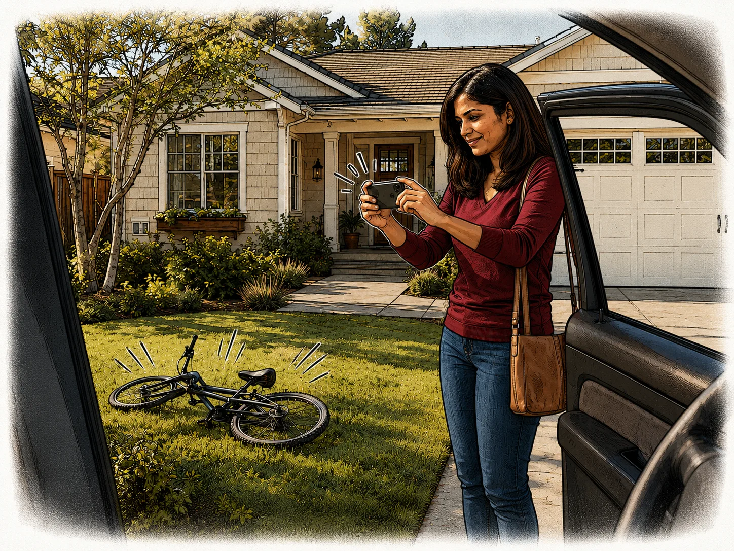 Lena turns the abandoned bicycle into a quest on her phone