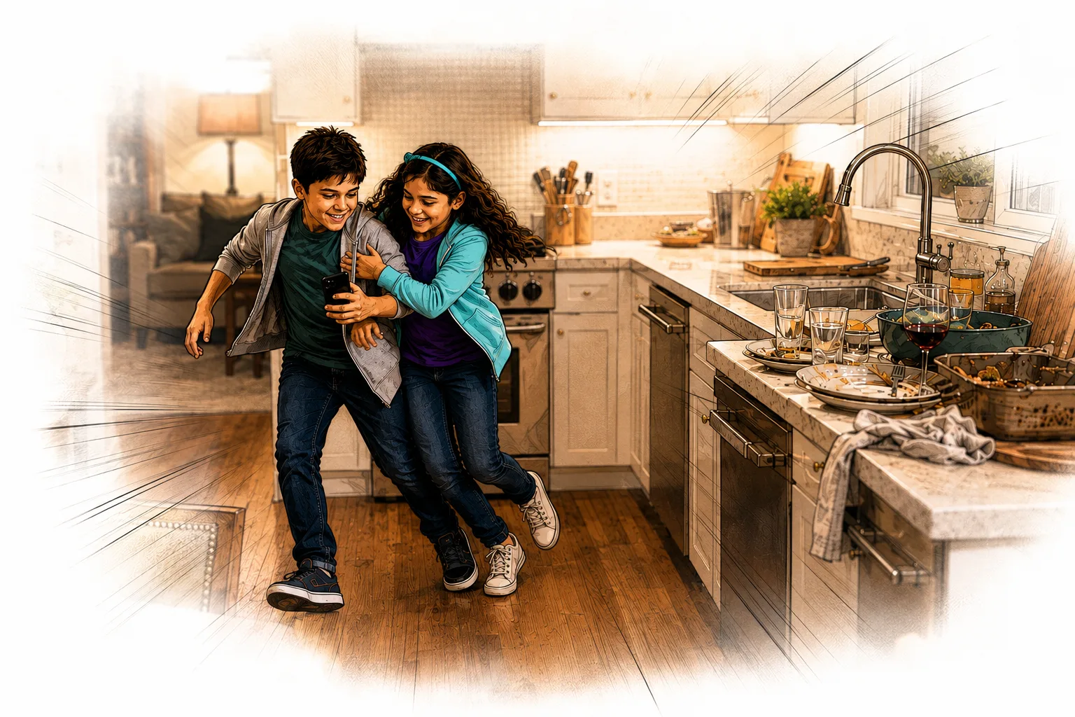 Eli and Sophie race into the kitchen to claim the dish bounty