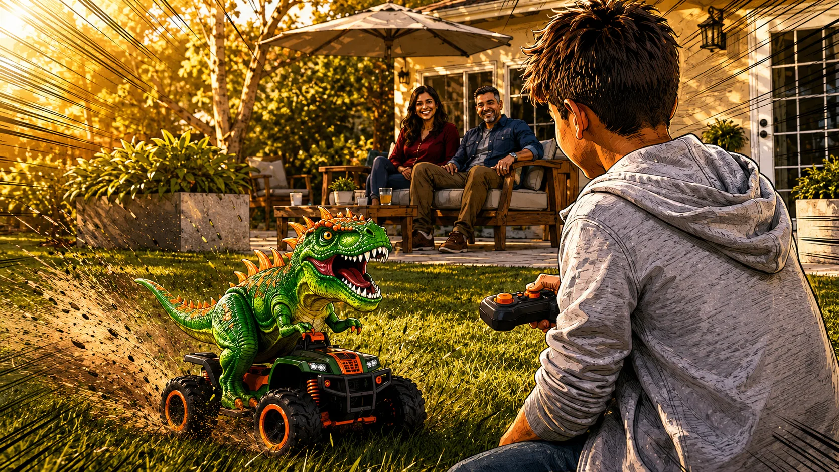 Eli drives the Drift-Trex Xtreme across the backyard while Lena and Matt watch