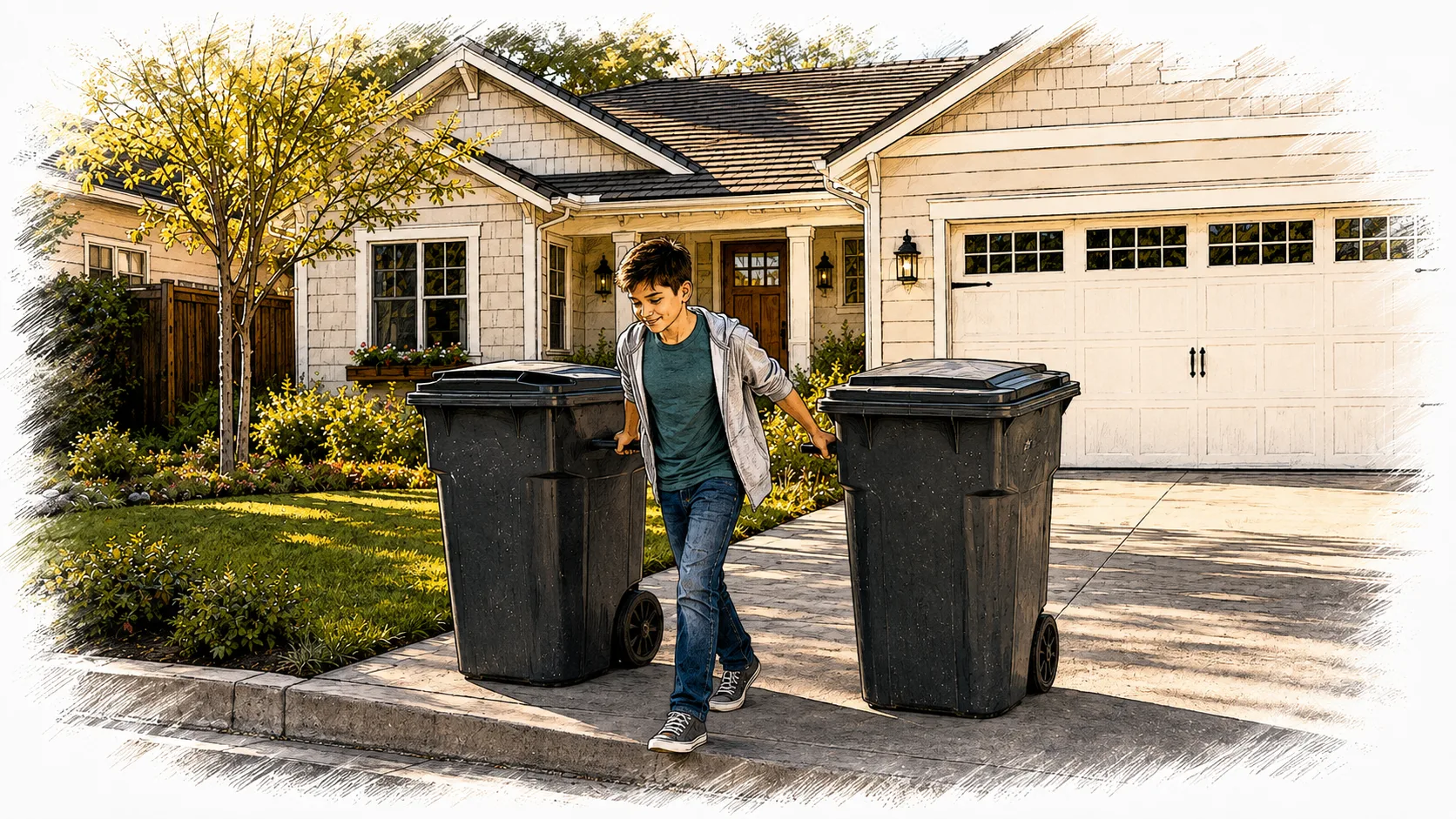 Eli rolls the family trash bins to the curb