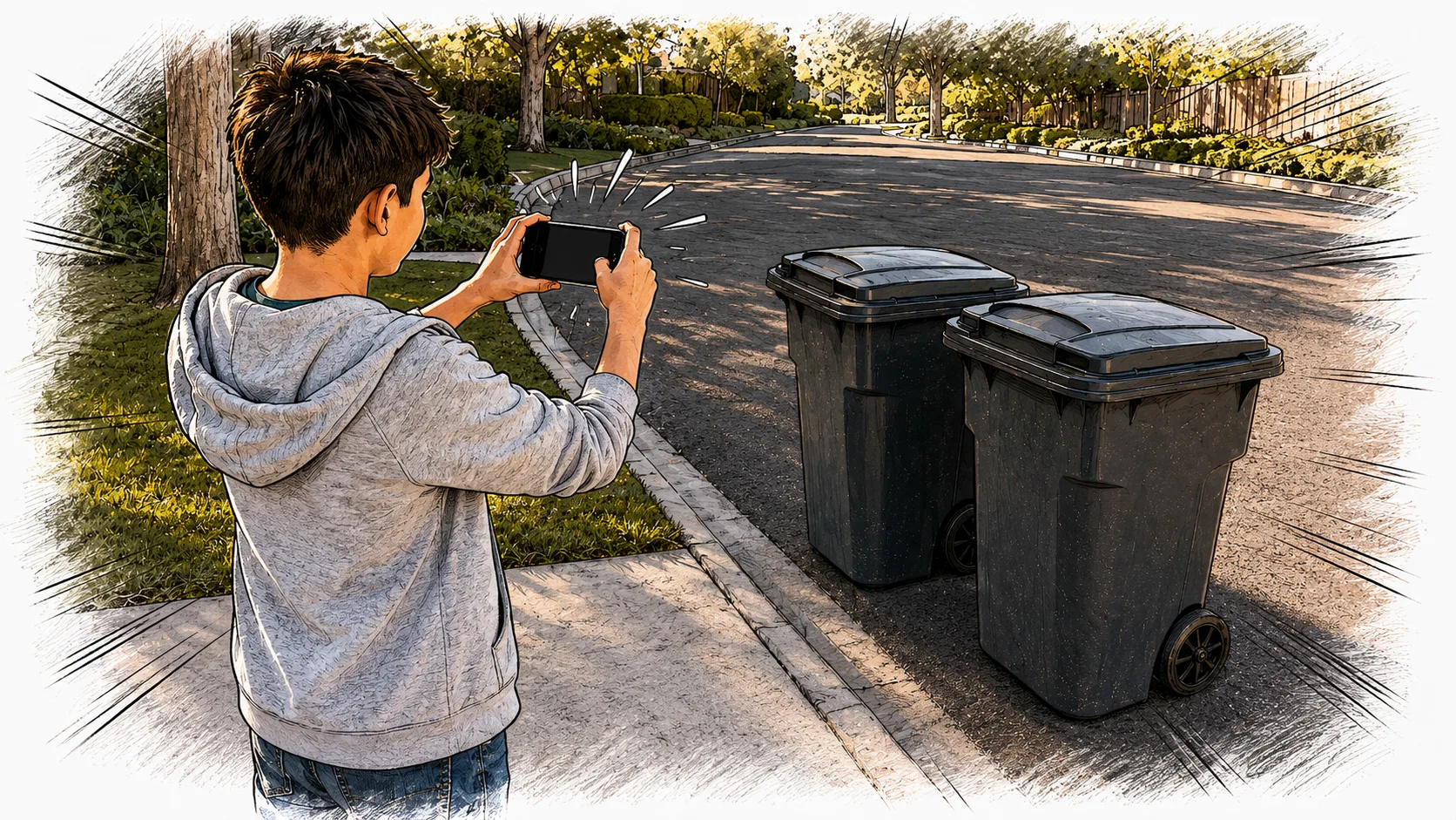 Eli photographs the trash bins at the curb as proof of completion