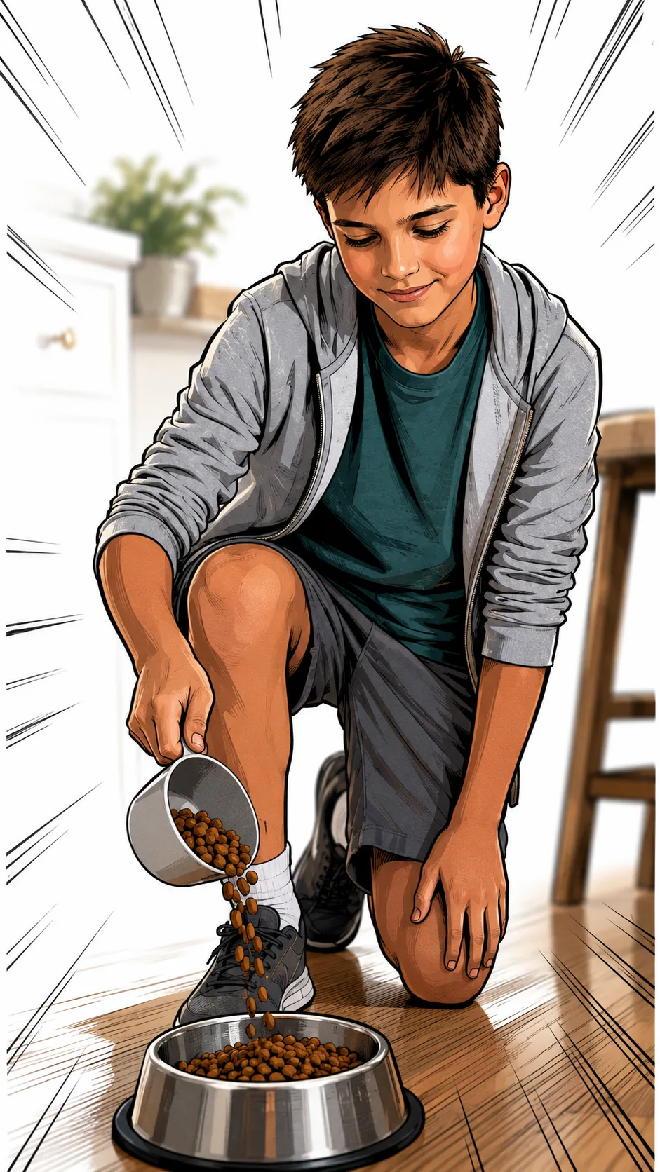 Eli fills the dog's food bowl
