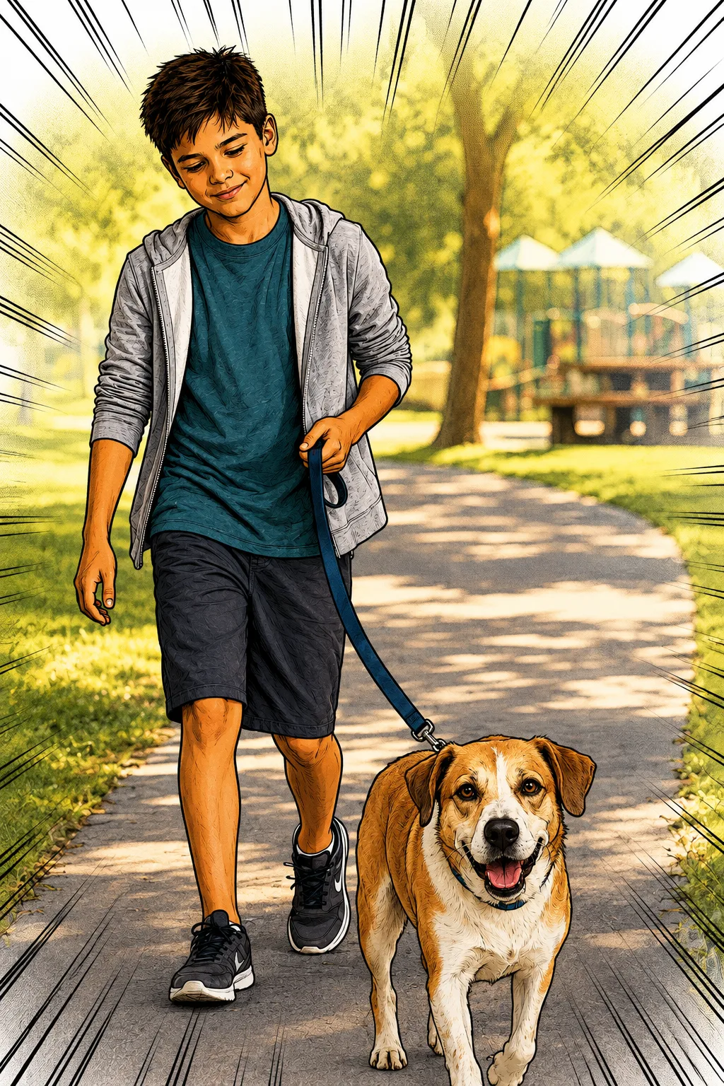 Eli walks the family dog at the park