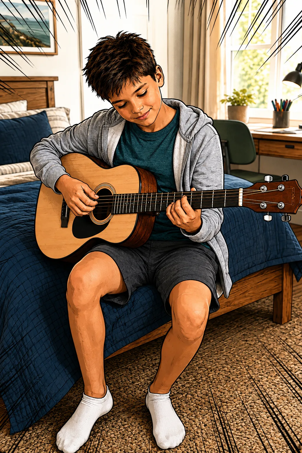 Eli practices guitar
