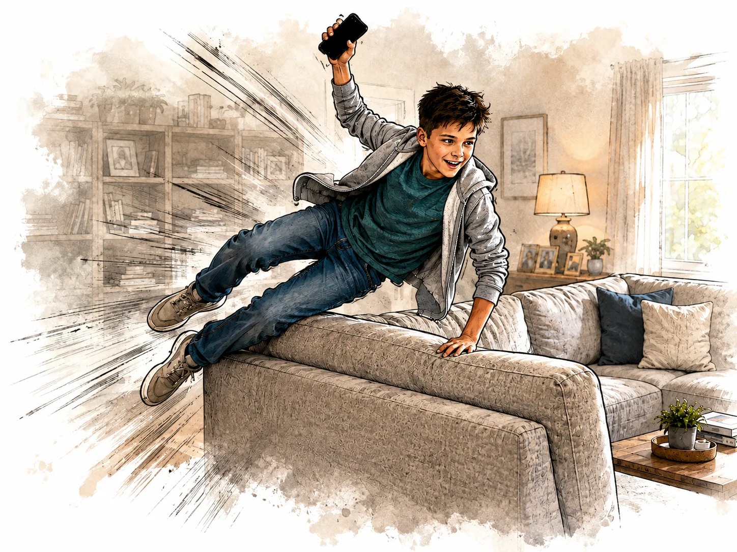 Eli launches over the living-room couch after receiving a new quest