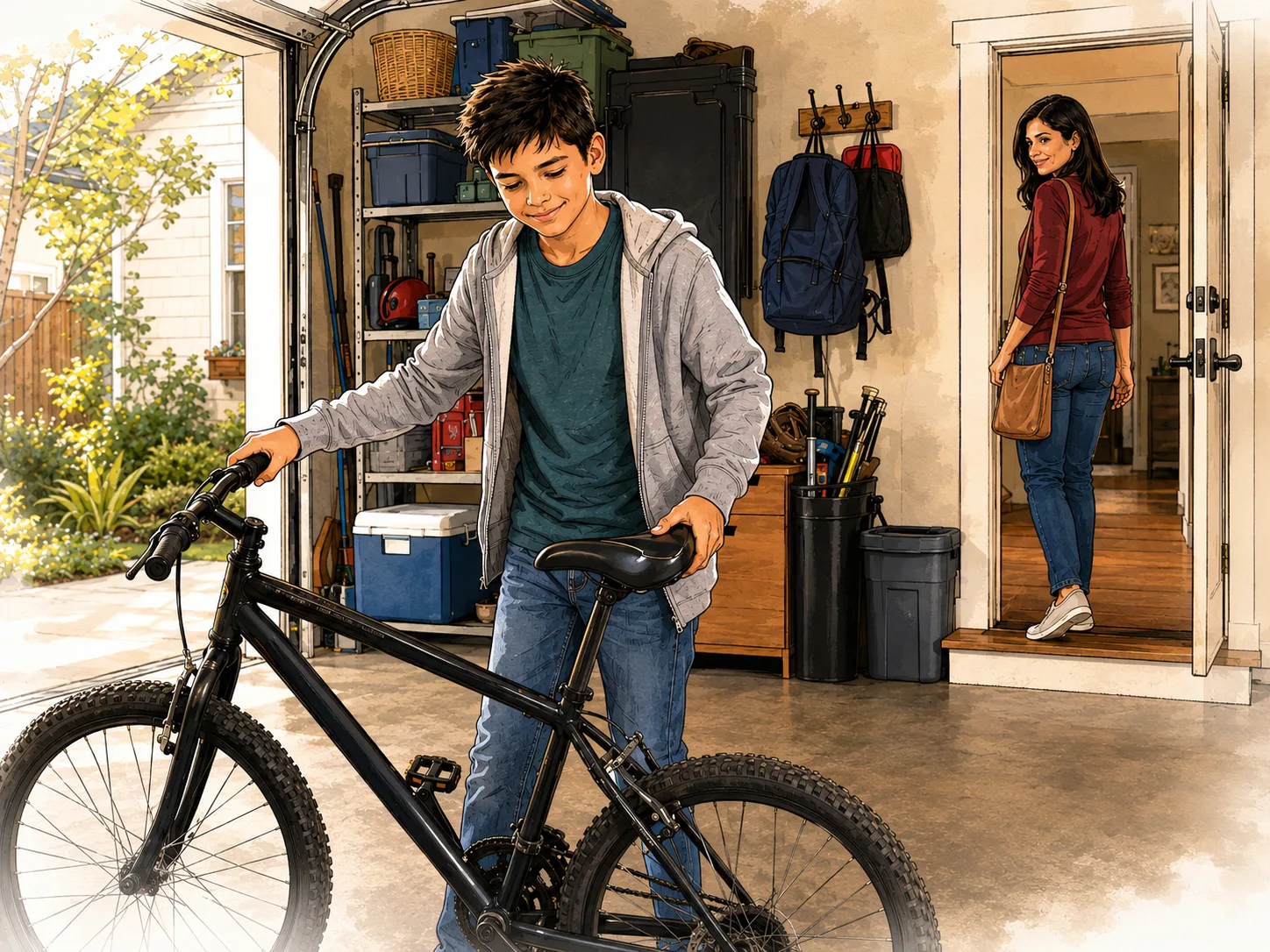 Eli puts his bicycle away in the garage while Lena heads out
