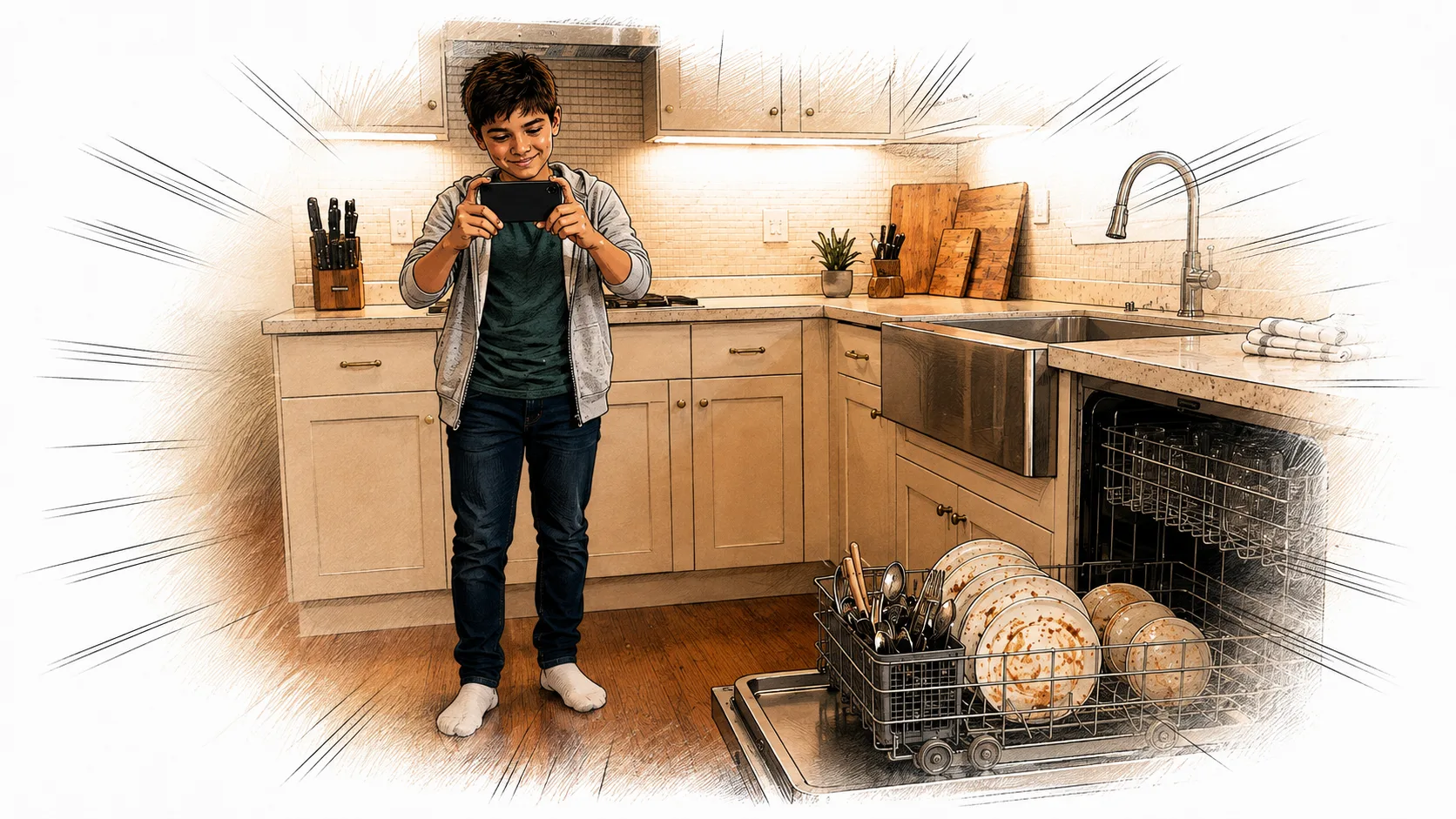 Eli photographs the loaded dishwasher as proof of completion